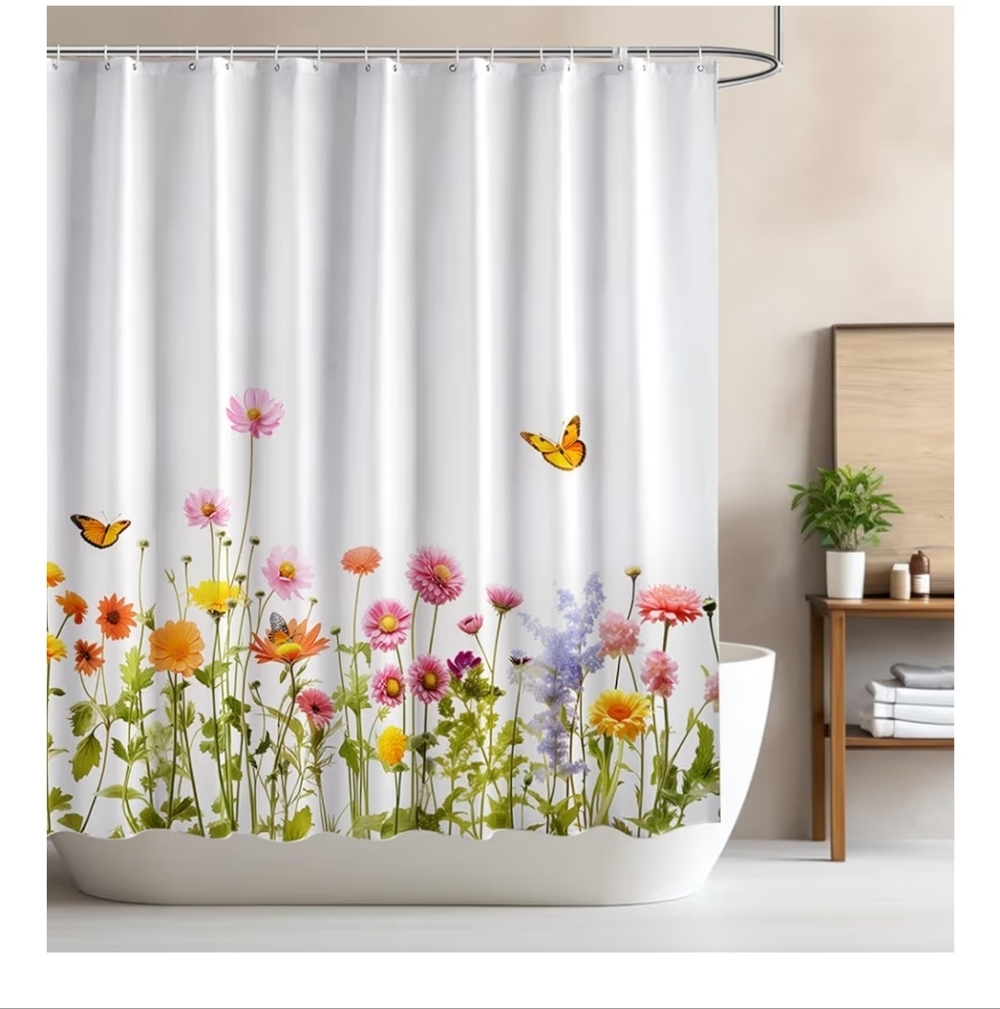 Floral Shower Curtain with Butterflies - White and Multicolor